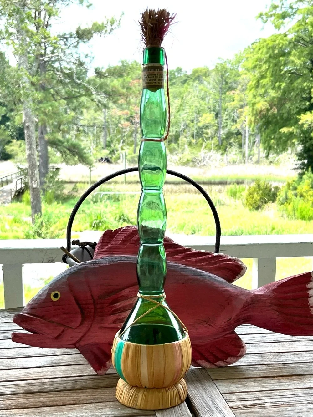 RARE VINTAGE DECORATIVE ITALIAN CHIANTI PINE MONARCH WINE BOTTLE TALL NECK GREEN